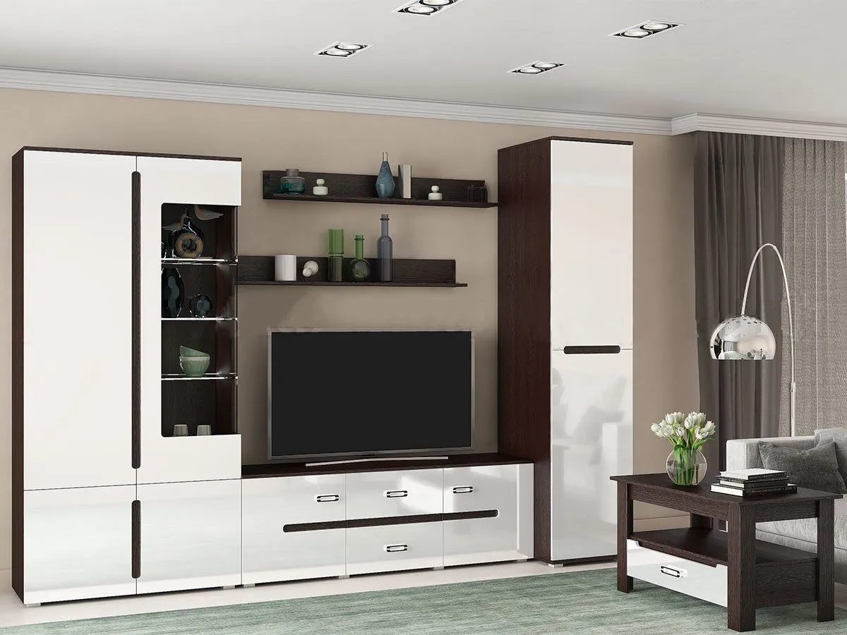 Гостиная «Ким» Вариант 4 Венге/Белый (Ш*В*Г) 3100*2240*520 мм. Гостиная «Ким» Вариант 4 Венге/Белый (Ш*В*Г) 3100*2240*520 мм.