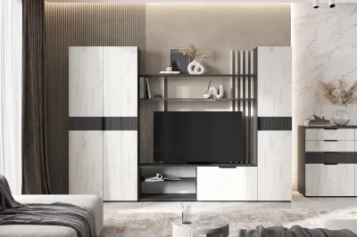 Гостиная «Роджина» Графит софт/Дуб крафт белый (Ш*В*Г) 3200х1826х350 мм