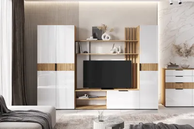 Гостиная «Роджина» Дуб крафт/Белый глянец (Ш*В*Г) 3200х1826х4350 мм