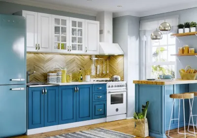 Кухня «Констанция» 1.8 метра Белый матовый/Джинс Компоновка №3