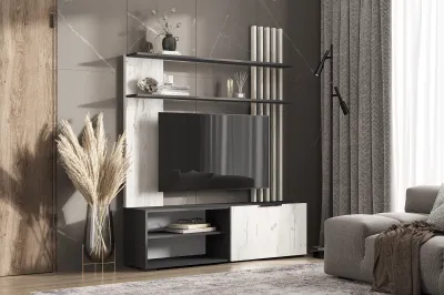 Гостиная «Роджина» Центр. секция Графит софт/Дуб крафт белый (Ш*В*Г) 1400х1810х350 мм