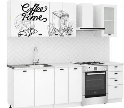 Кухня Норд ЧП 1.8 м  с фотопечатью COFFE TIME шагрень белая/шагрень белая
