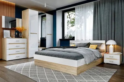 Спальня « Ким » Сонома/Белый глянец Комплектации 1 6 модулей Спальня « Ким » Сонома/Белый глянец Комплектации 1 6 модулей