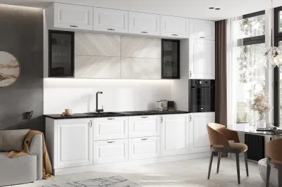 Кухня «Престиж» 3 метра компоновка №2 Браш Вайт/Прайм Жемчуг