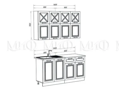 Кухня «Констанция» 1.6 (900) метра Шервуд жемчуг/Шоколад Компоновка №4