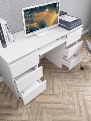 Стол письменный «Челси» 6 ящиков Белый глянец/белый (ШхВхГ) 1386х768х490 мм