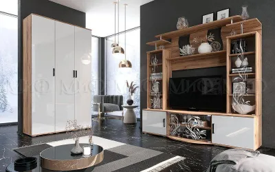 Гостиная «Виста» Центр. секция Белый глянец/Дуб крафт (Ш*В*Г) 1850х2120х560 мм