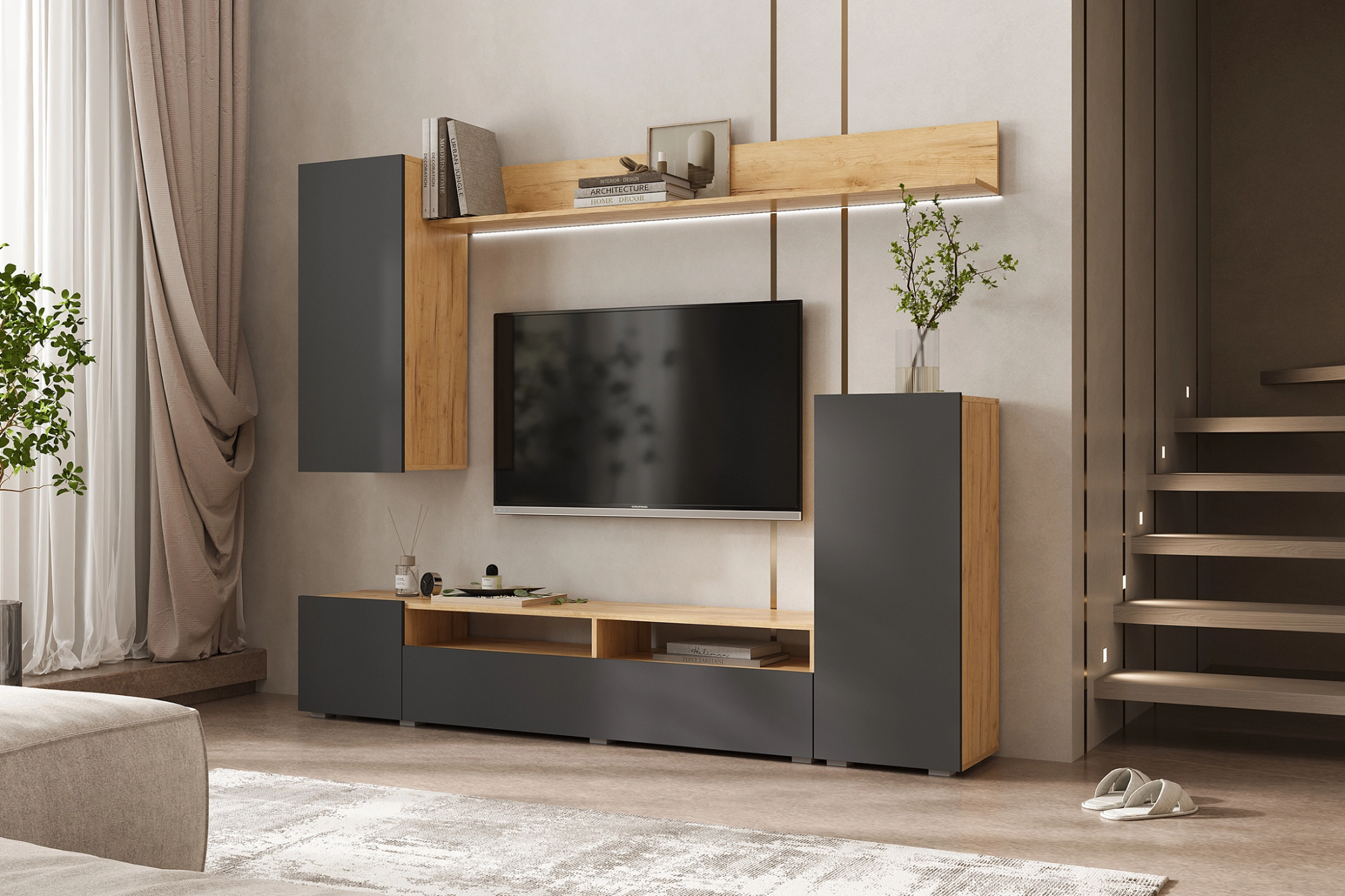 Гостиная «Верона» Графит/Дуб крафт (ШхВхГ) 2130х1704х346 мм Гостиная «Верона» Графит/Дуб крафт (ШхВхГ) 2130х1704х346 мм