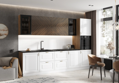 Кухня «Престиж» 3 метра компоновка №1 Браш Вайт/Орех Прайм/Дуб крафт