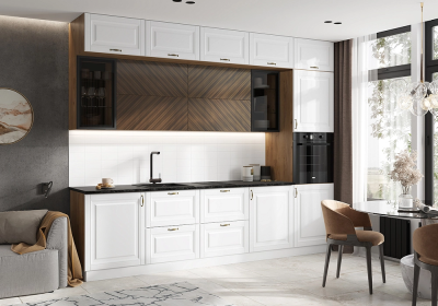 Кухня «Престиж» 3 метра компоновка №2 Браш Вайт/Орех Прайм/Дуб Крафт