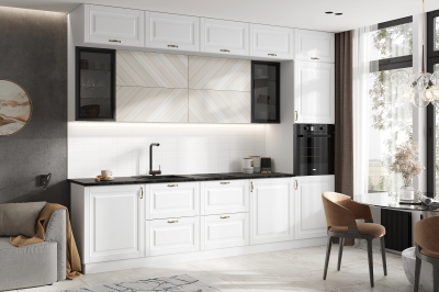 Кухня «Престиж» 3 метра компоновка №2 Браш Вайт/Прайм Жемчуг