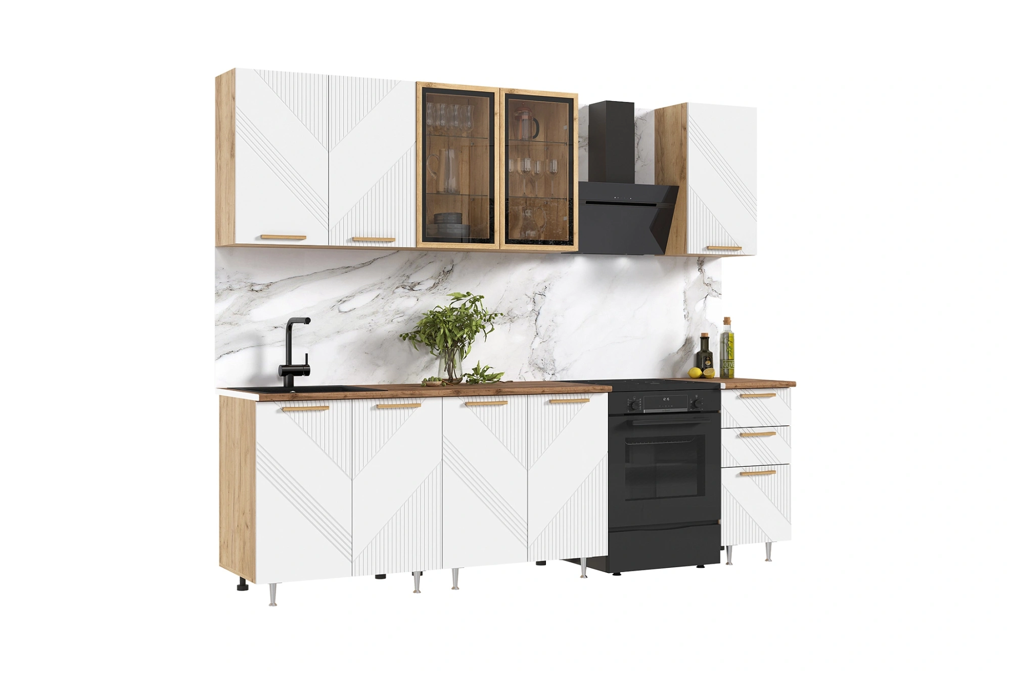 Кухня «Ирис» Браш Вайт/Дуб крафт 2 метра компановка №2