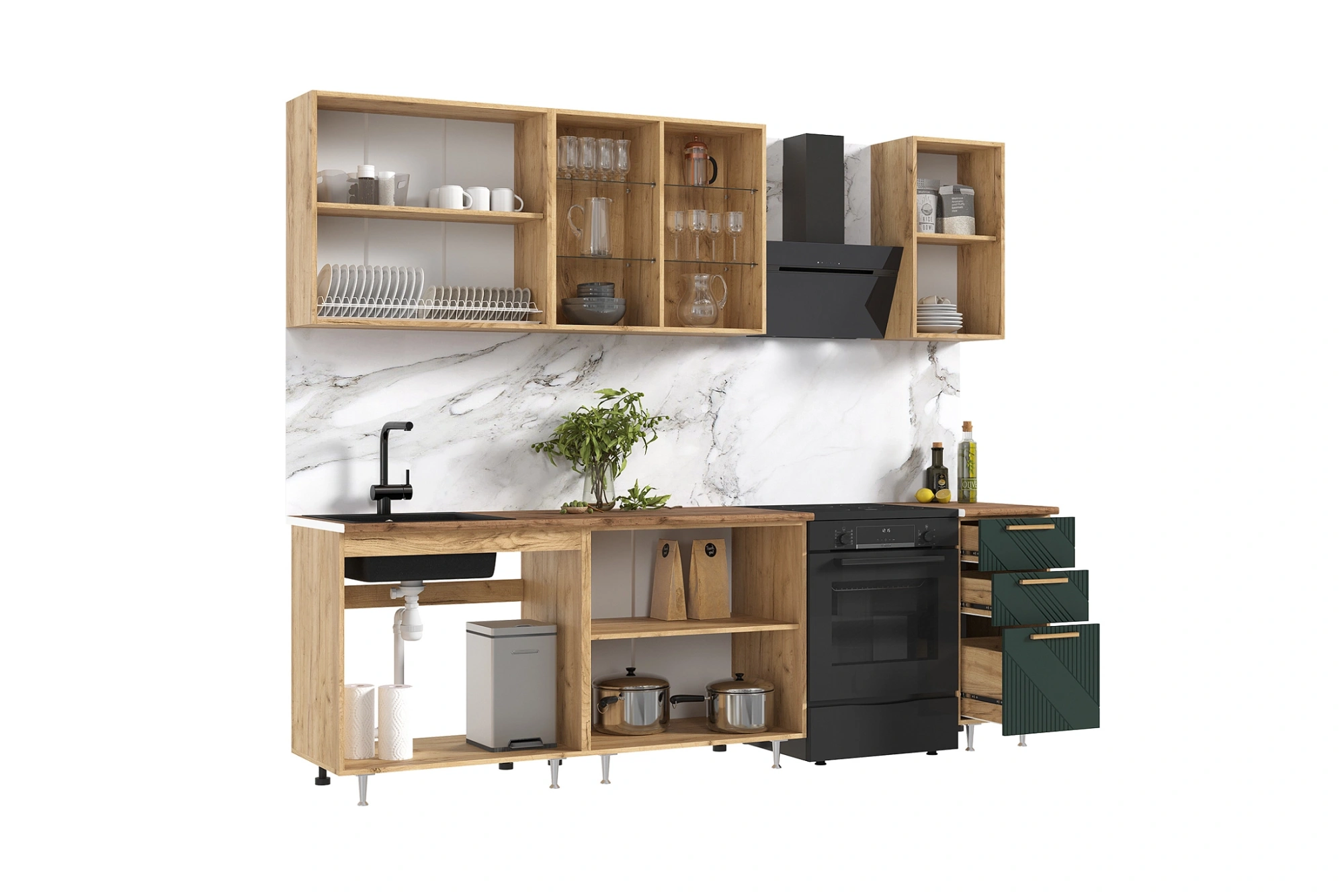 Кухня «Ирис» Браш Мени Грин/Дуб крафт 2 метра компановка №2