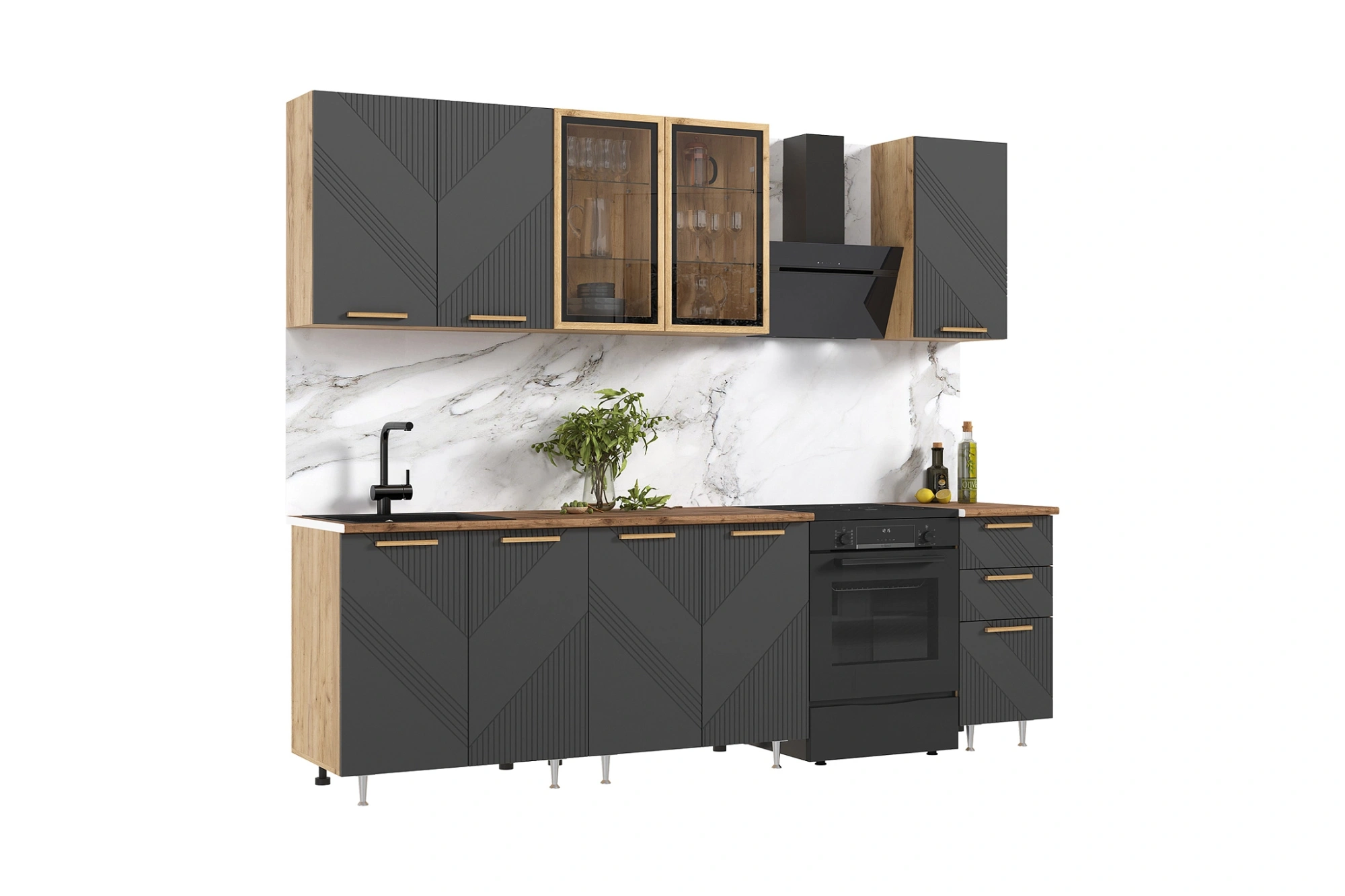 Кухня «Ирис» Браш Графит/Дуб крафт 2 метра компановка №2