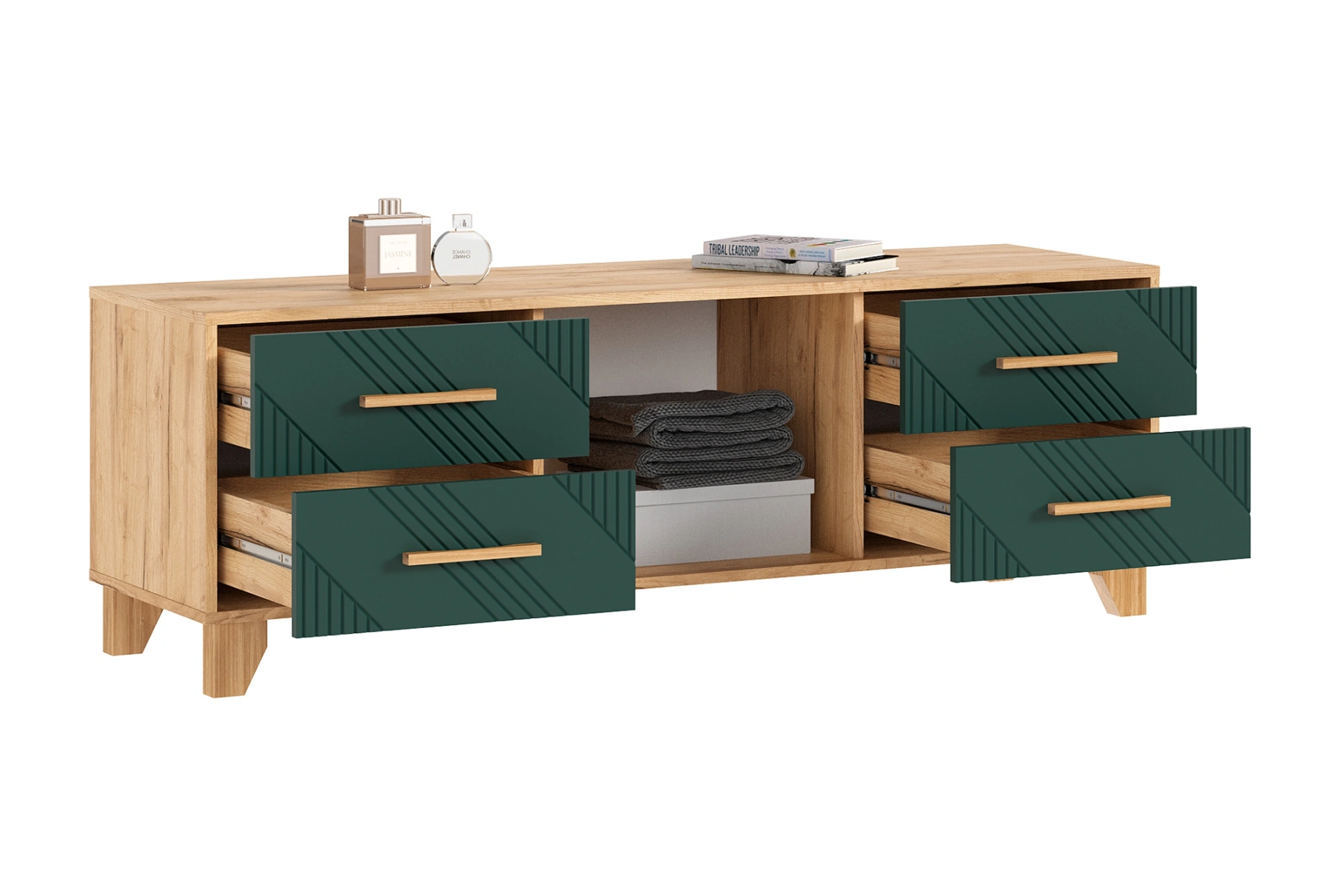 Тумба под ТВ «Ирис» Браш Мени Грин/Дуб крафт (ШхВхГ) 1502*542*426 мм