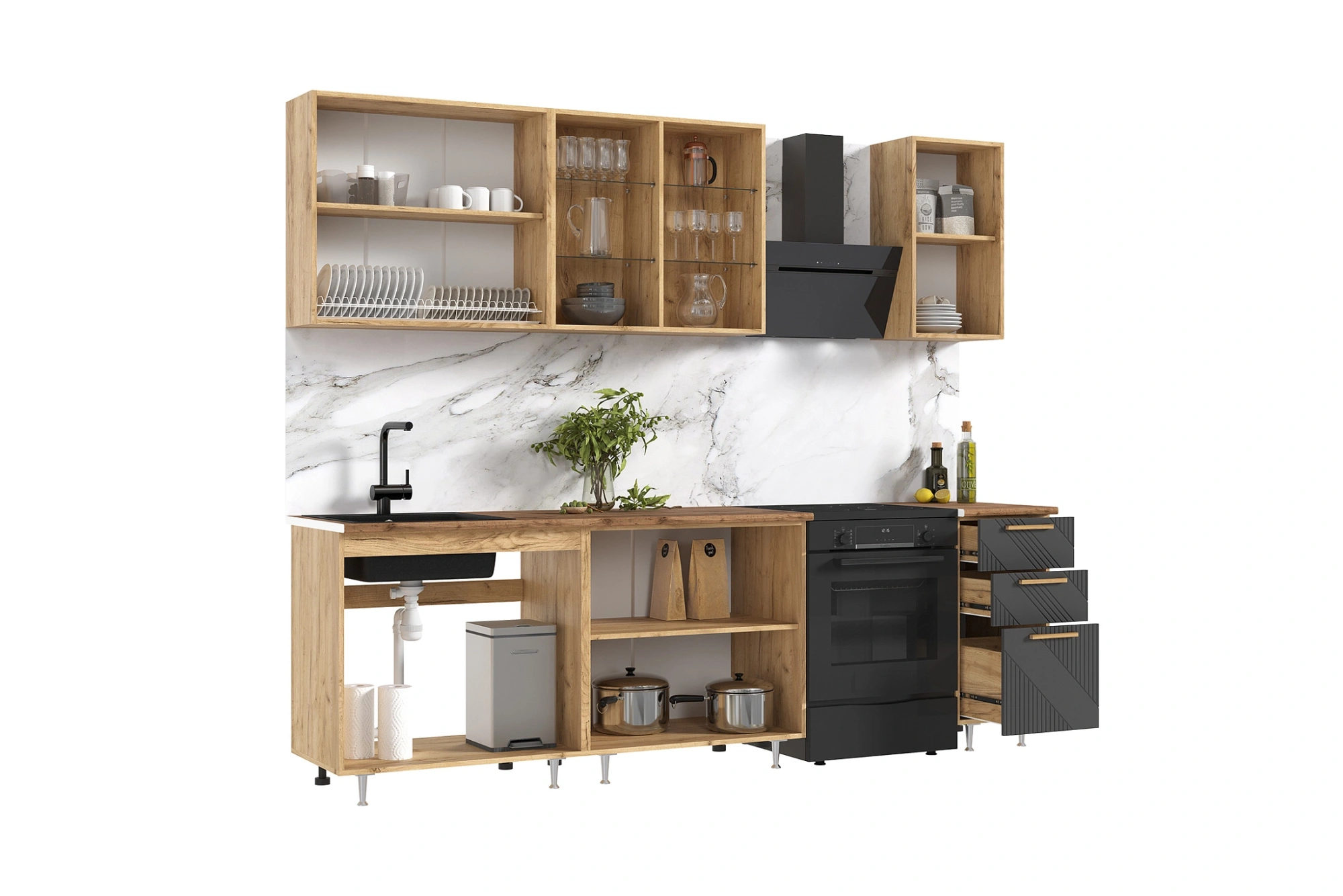 Кухня «Ирис» Браш Графит/Дуб крафт 2 метра компановка №2