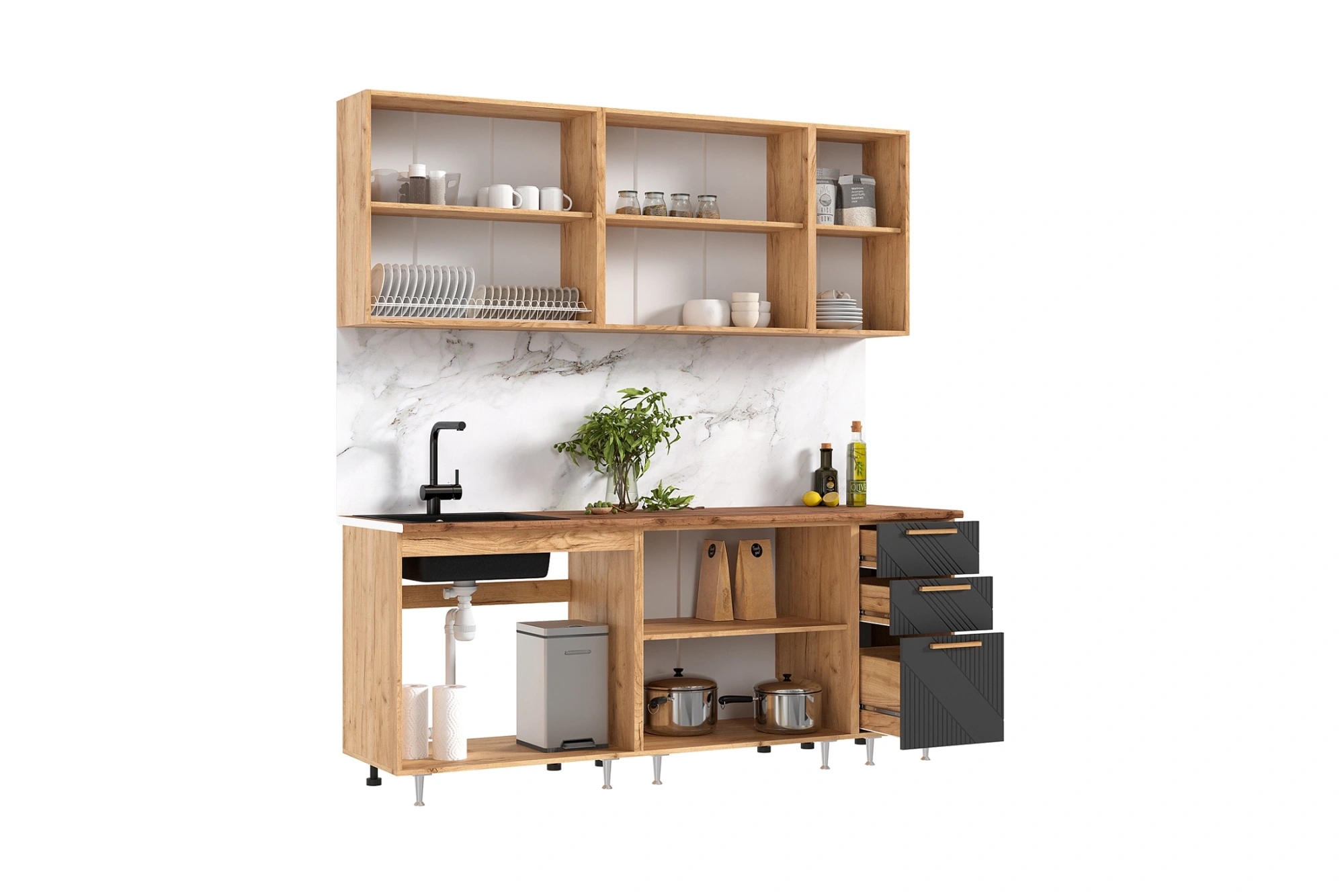 Кухня «Ирис» Браш Графит/Дуб крафт 2 метра