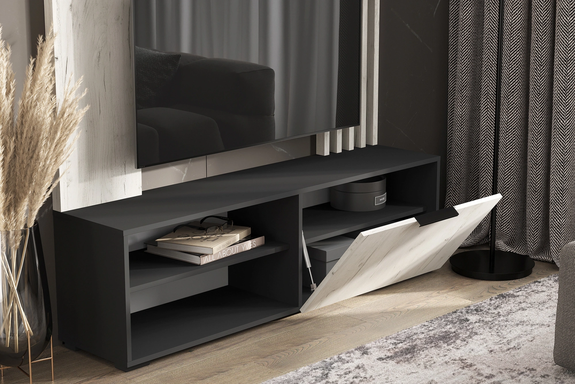 Гостиная «Роджина» Центр. секция Графит софт/Дуб крафт белый (Ш*В*Г) 1400х1810х350 мм