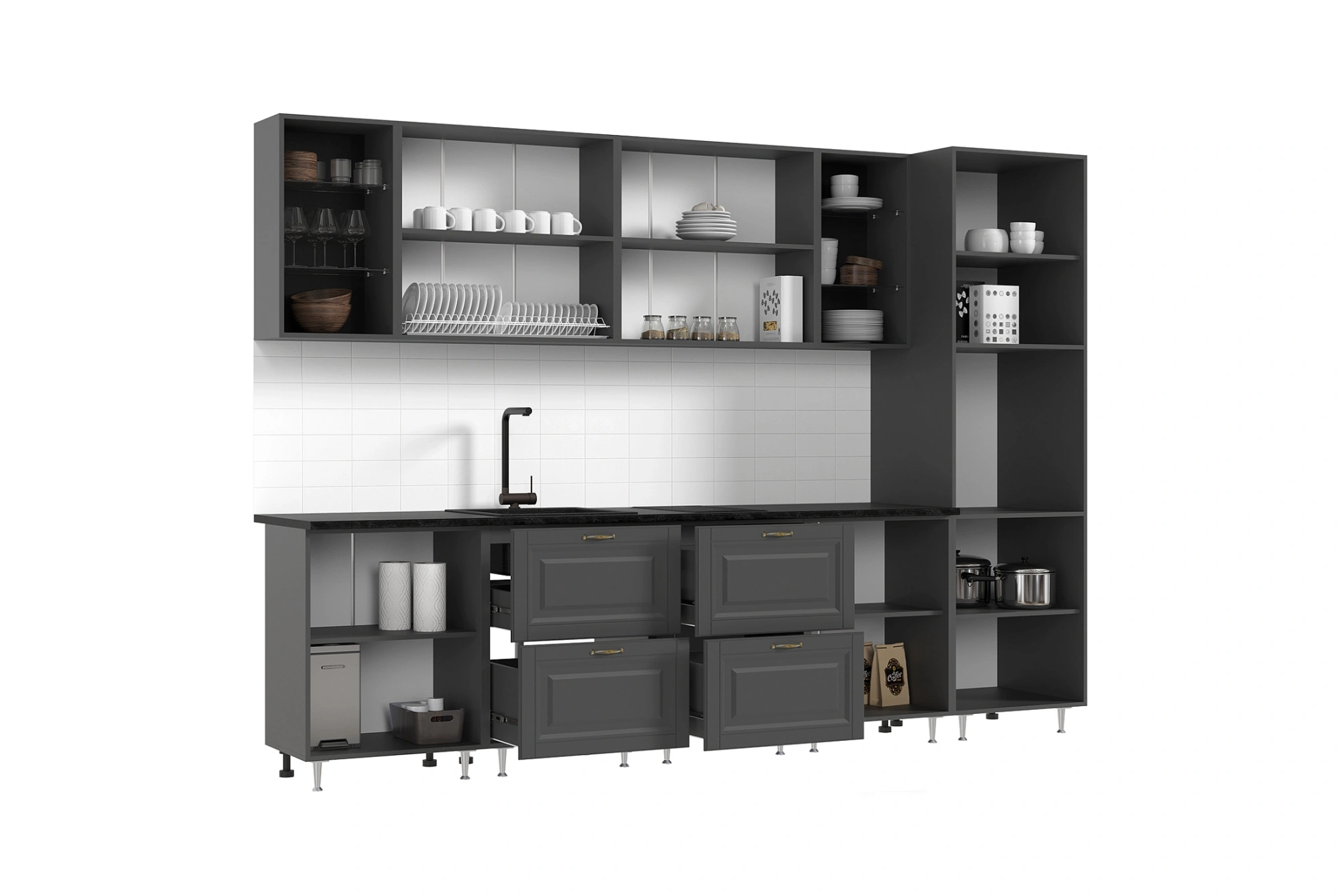 Кухня «Престиж» 3 метра компоновка №1 Графит Софт/Орех Прайм