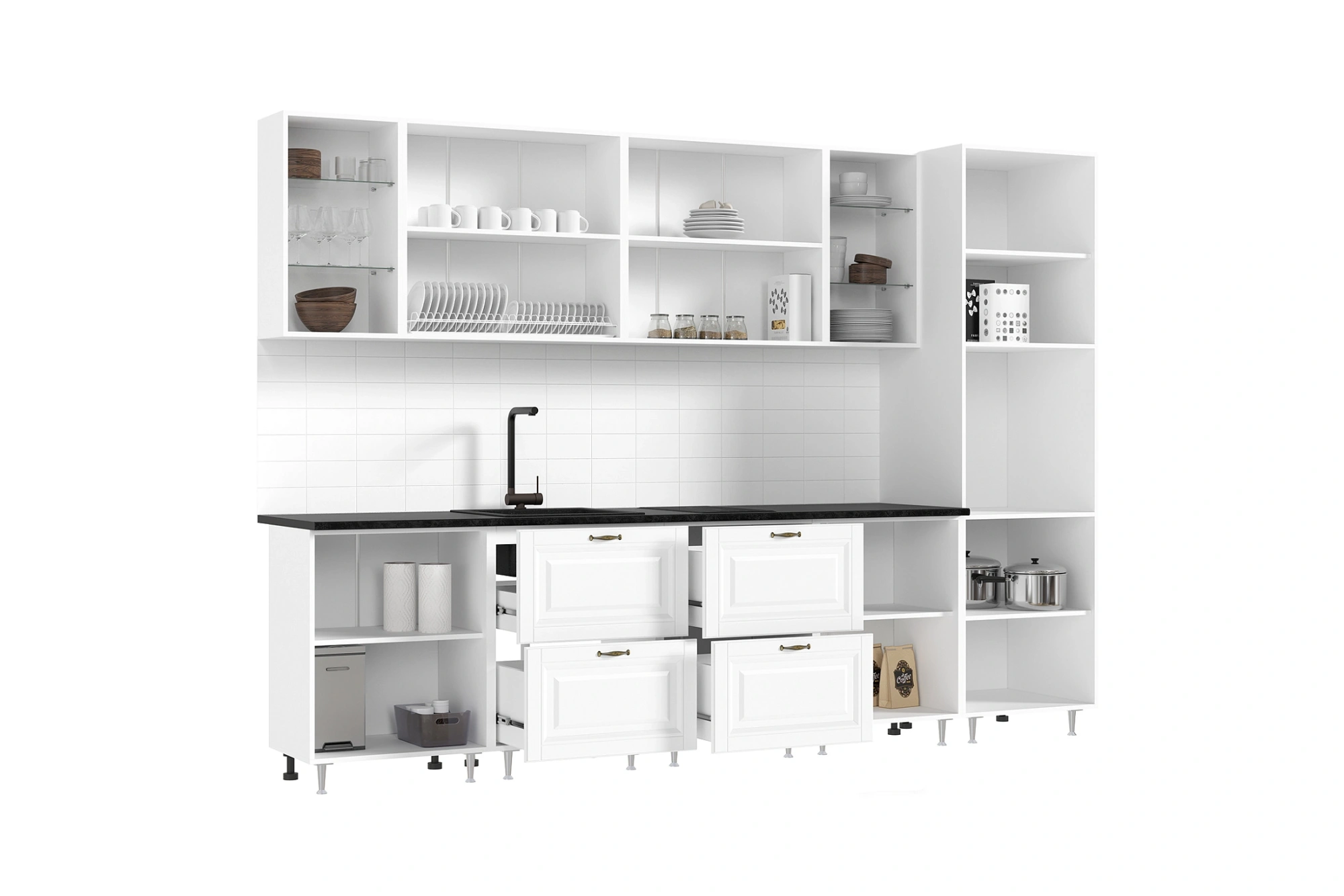 Кухня «Престиж» 3 метра компоновка №1 Браш Вайт/Жемчуг Прайм