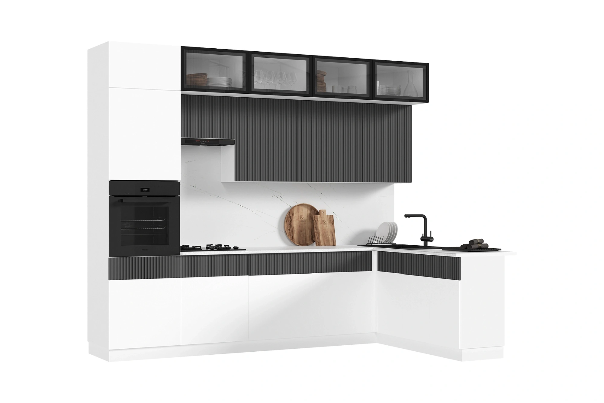 Кухня «Оливия» угловая Белый снег софт/Графит софт 3.0*1.8 м