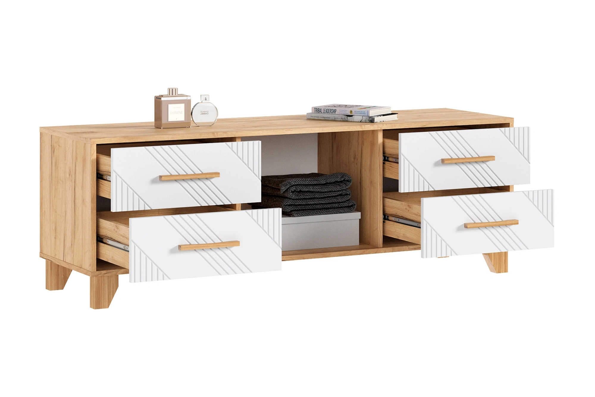 Тумба под ТВ «Ирис» Браш Вайт/Дуб крафт (ШхВхГ) 1502*542*426 мм