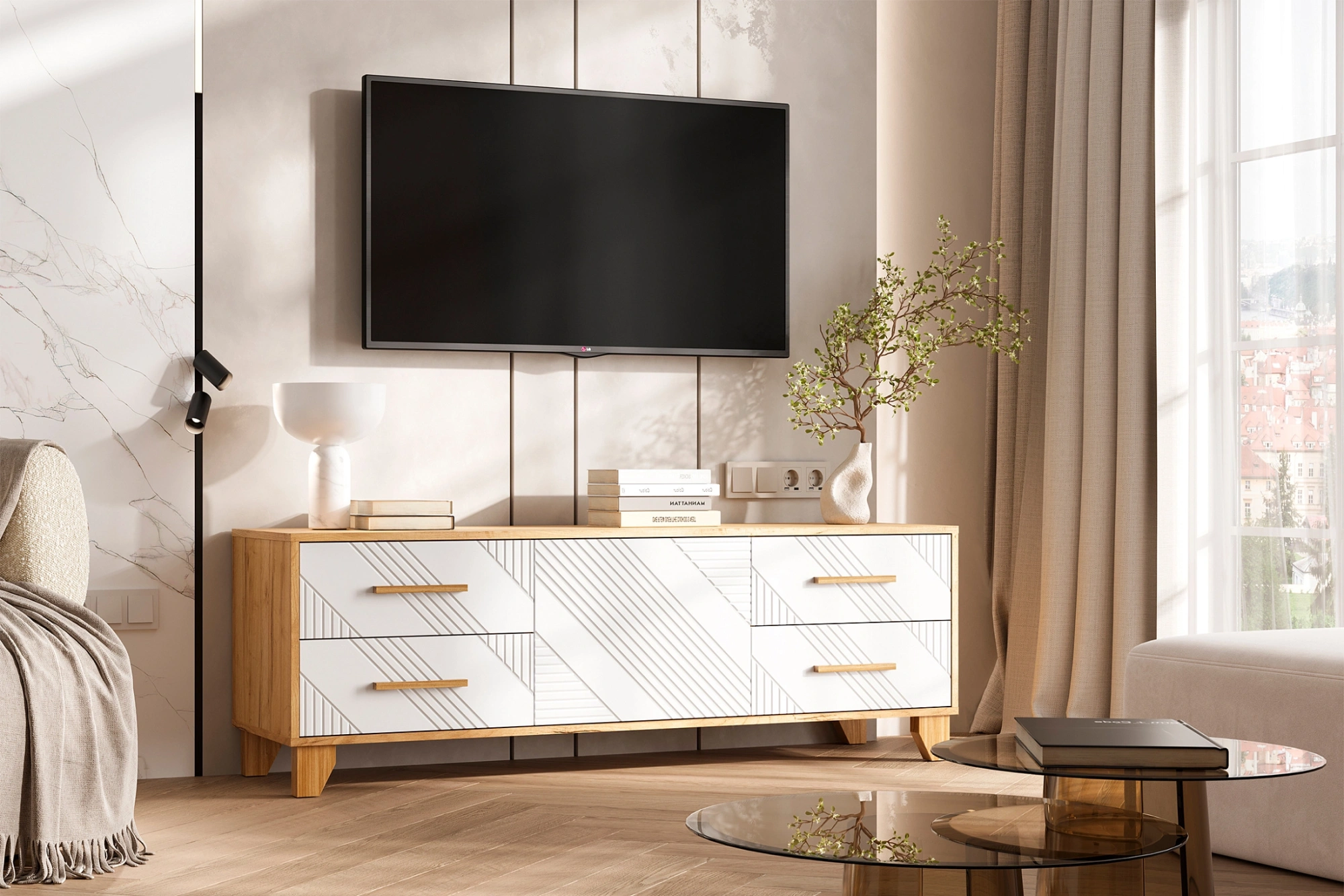 Тумба под ТВ «Ирис» Браш Вайт/Дуб крафт (ШхВхГ) 1502*542*426 мм