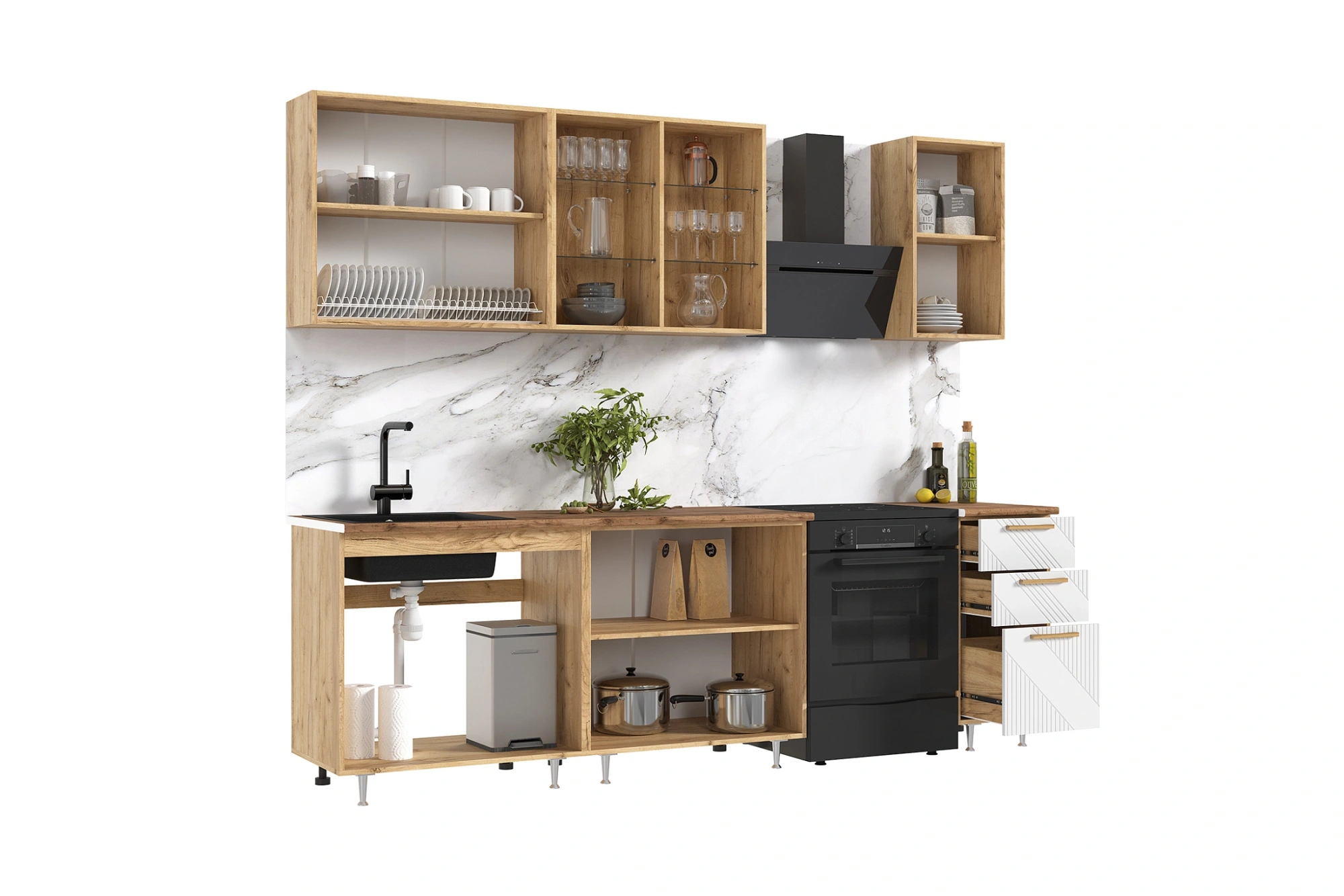 Кухня «Ирис» Браш Вайт/Дуб крафт 2 метра компановка №2