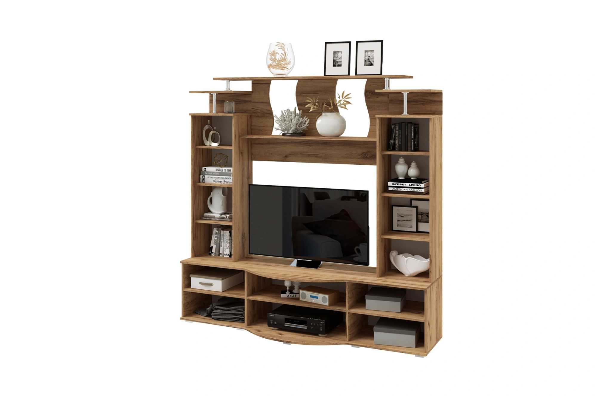 Гостиная «Виста» Центр. секция Белый глянец/Дуб крафт (Ш*В*Г) 1850х2120х560 мм