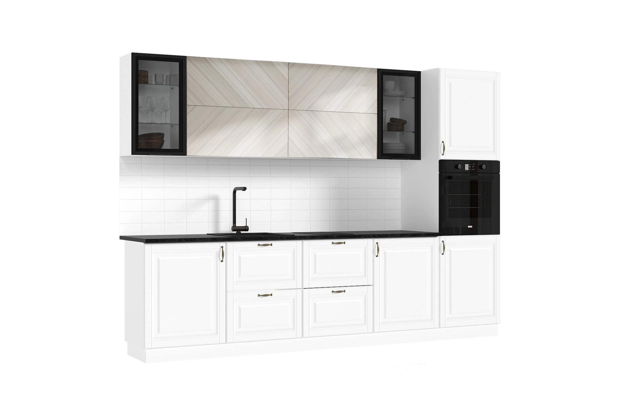 Кухня «Престиж» 3 метра компоновка №1 Браш Вайт/Жемчуг Прайм