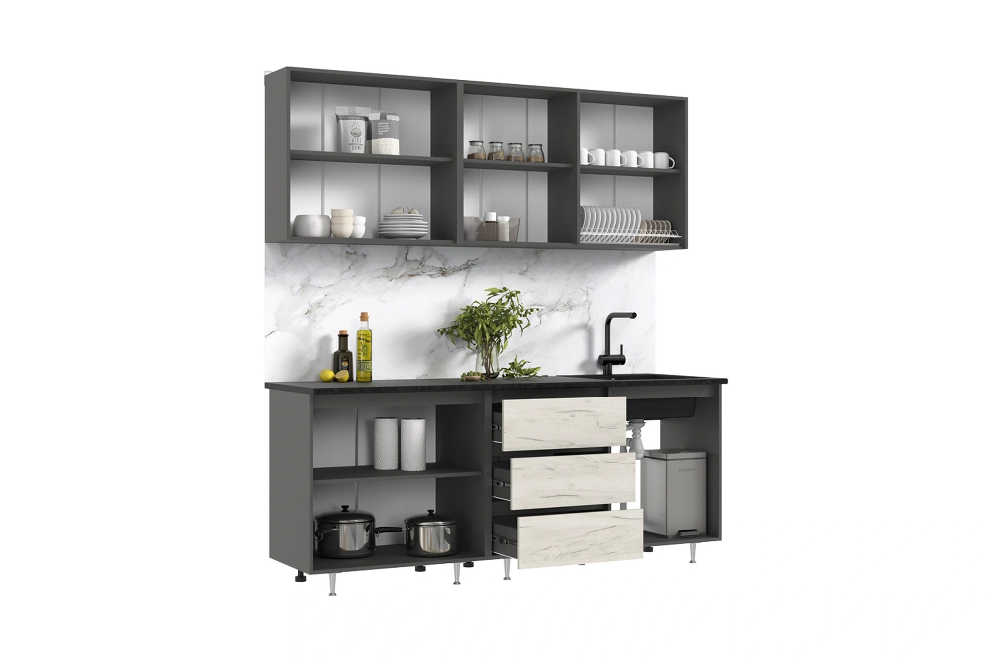 Кухня «Челси» Дуб крафтбелый/Графит/Кастило 2 метра компоновка №2