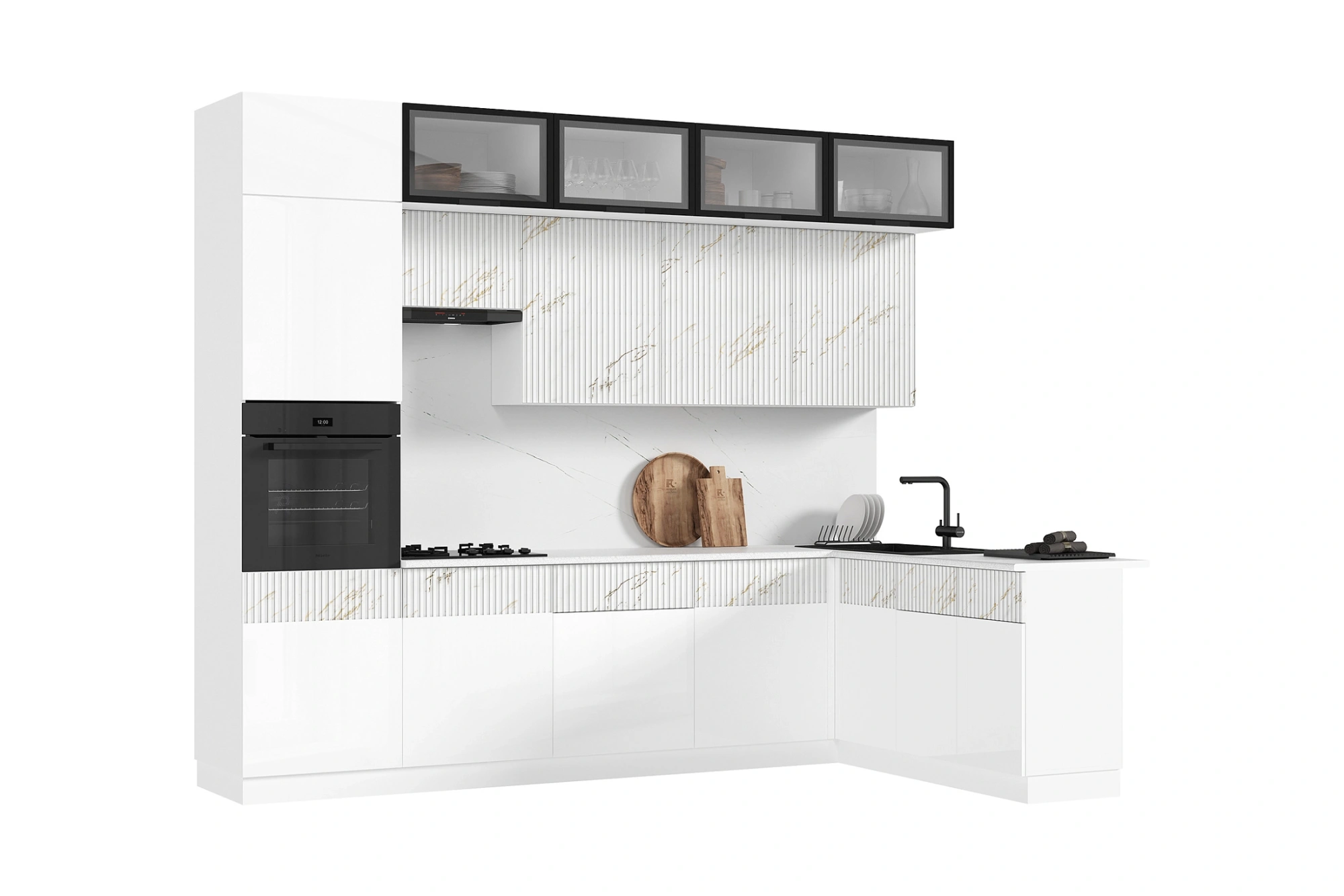 Кухня «Оливия» угловая Белый глянец/Мрамор золото 3.0*1.8 м