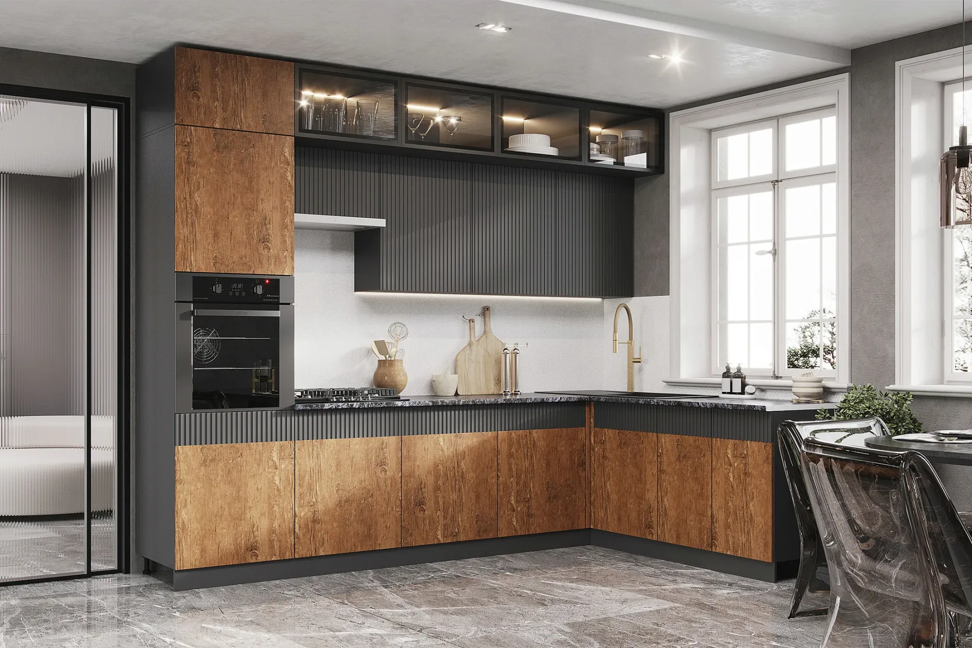 Кухня «Оливия» угловая 3.0х1.8 м Графит/Экзотическое дерево Амазония Кухня «Оливия» угловая 3.0х1.8 м Графит/Экзотическое дерево Амазония