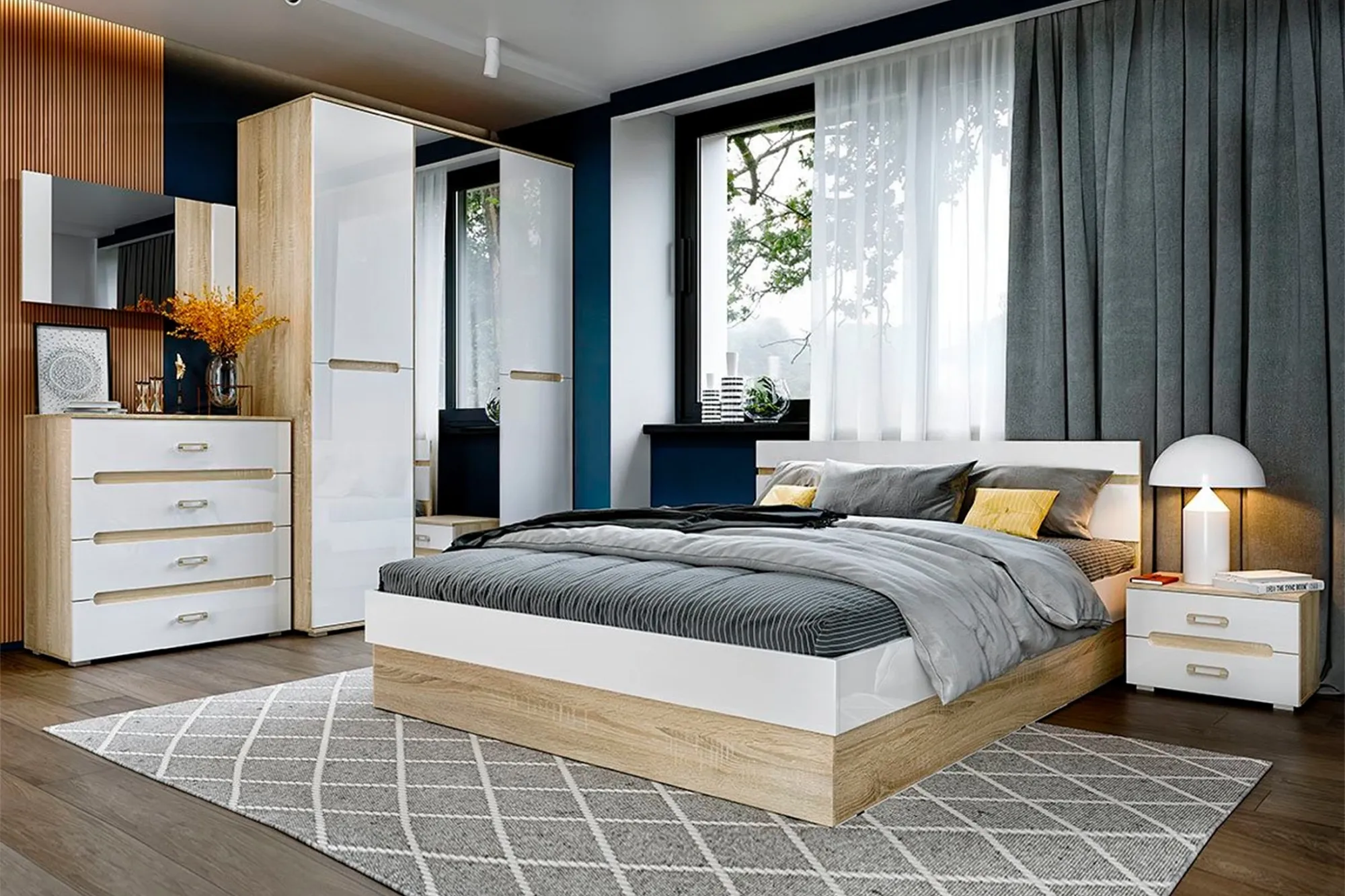 Спальня « Ким » Сонома/Белый глянец Комплектации 1 6 модулей Спальня « Ким » Сонома/Белый глянец Комплектации 1 6 модулей