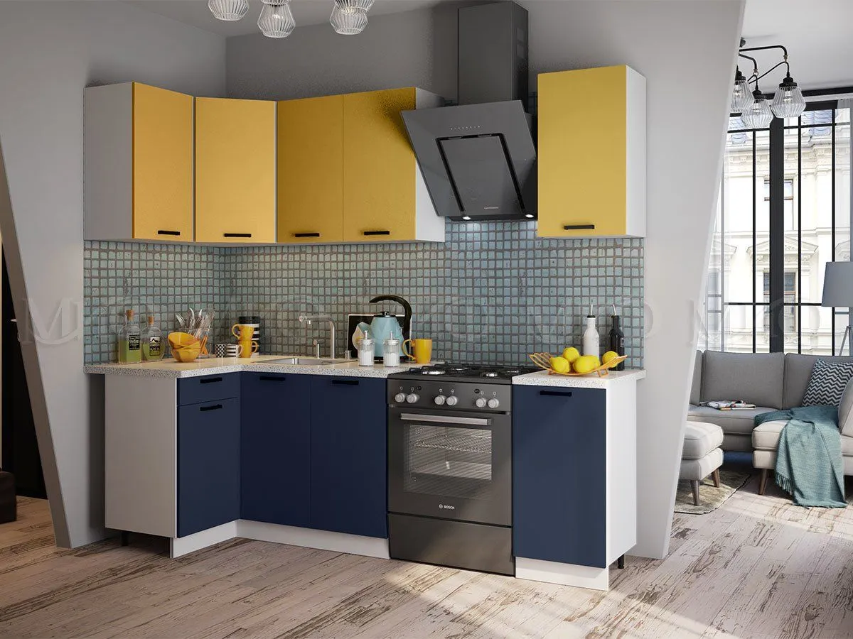 Кухня «Техно» Горчица софт/Ультрамарин софт 110х180 метра Компоновка №6 Кухня «Техно» Горчица софт/Ультрамарин софт 110х180 метра Компоновка №6