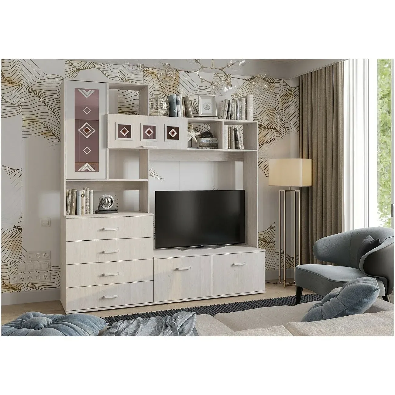 Гостиная «Белла» Сандал светлый Центр. секция (ШхВхГ) 2000*2120*470 мм. Гостиная «Белла» Сандал светлый Центр. секция (ШхВхГ) 2000*2120*470 мм.